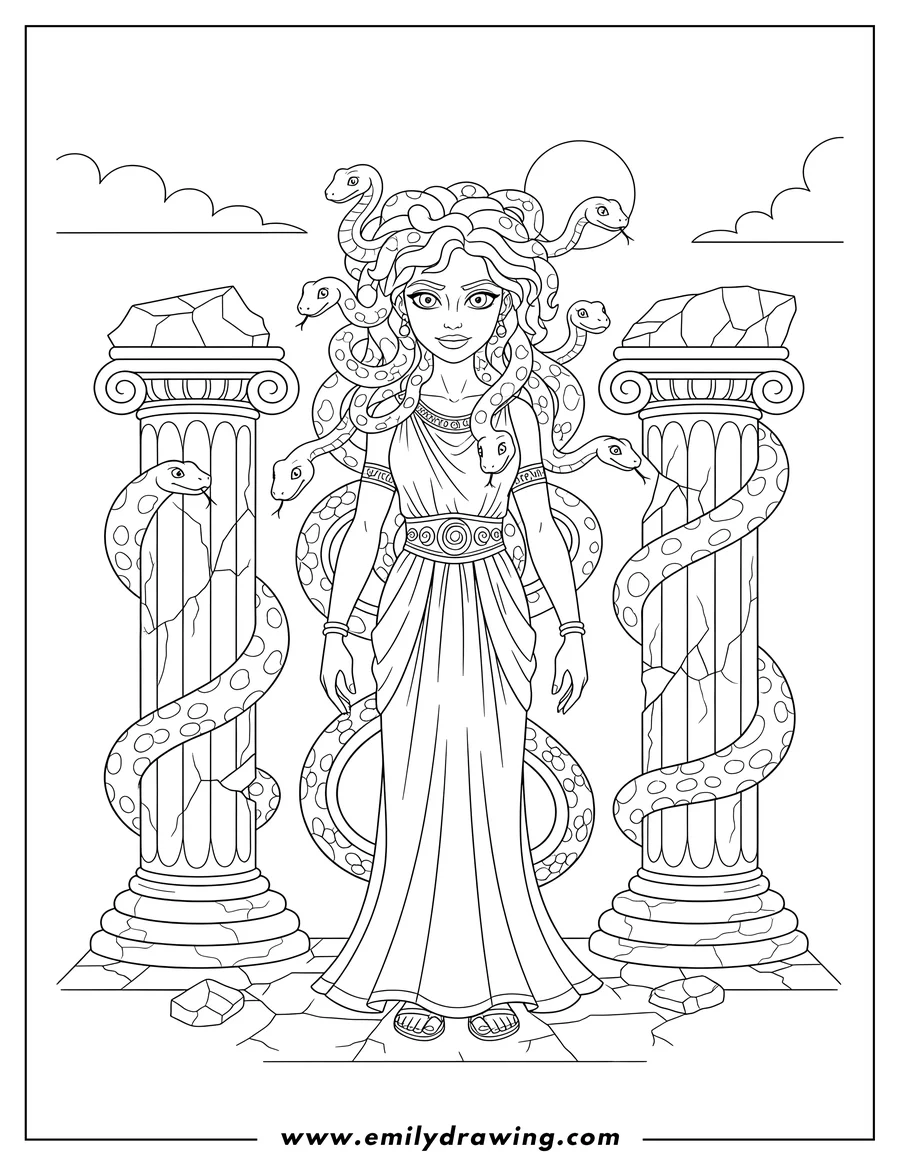 Doodle style coloring picture of powerful Medusa with snake hair, standing, with her snakes wrapped around crumbling Greek columns