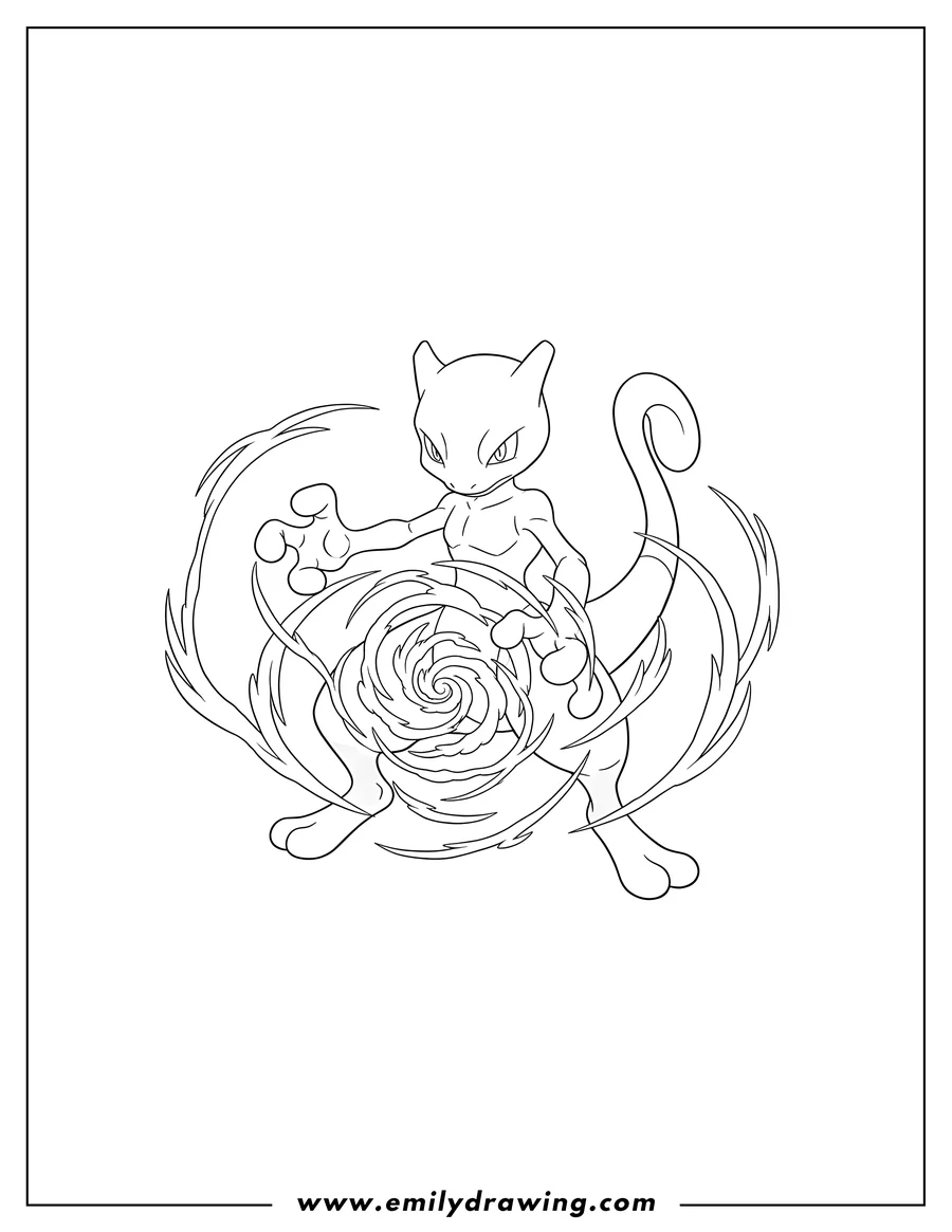 Doodle style coloring picture of powerful Mewtwo unleashing psychic energy