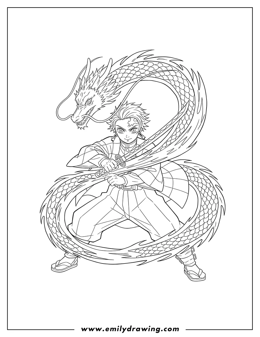 Printable coloring page of powerful Tanjiro wearing his checkered haori, summoning Constant Flux With Nichirin Sword in a dynamic pose