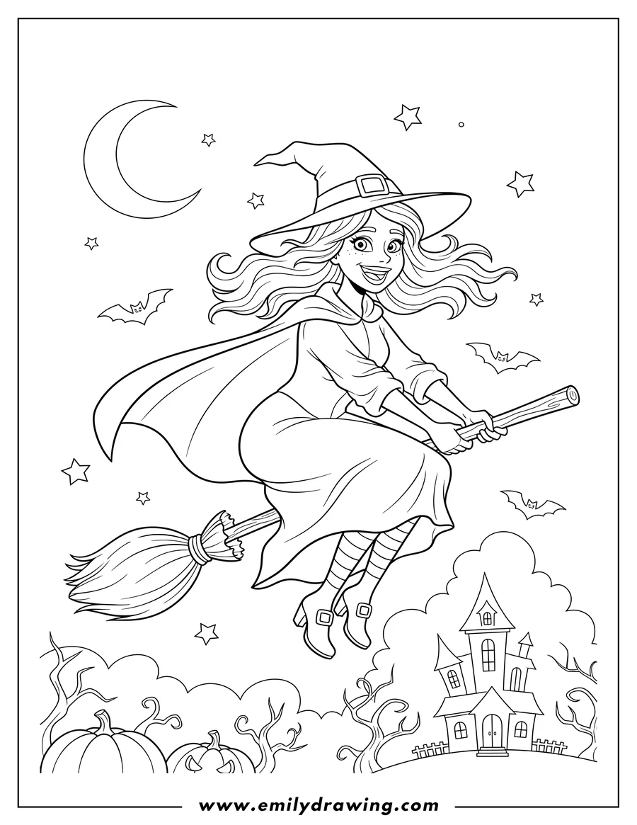 Linear illustration of powerful Witch, smiling with flowing hair, flying on a broomstick on Halloween