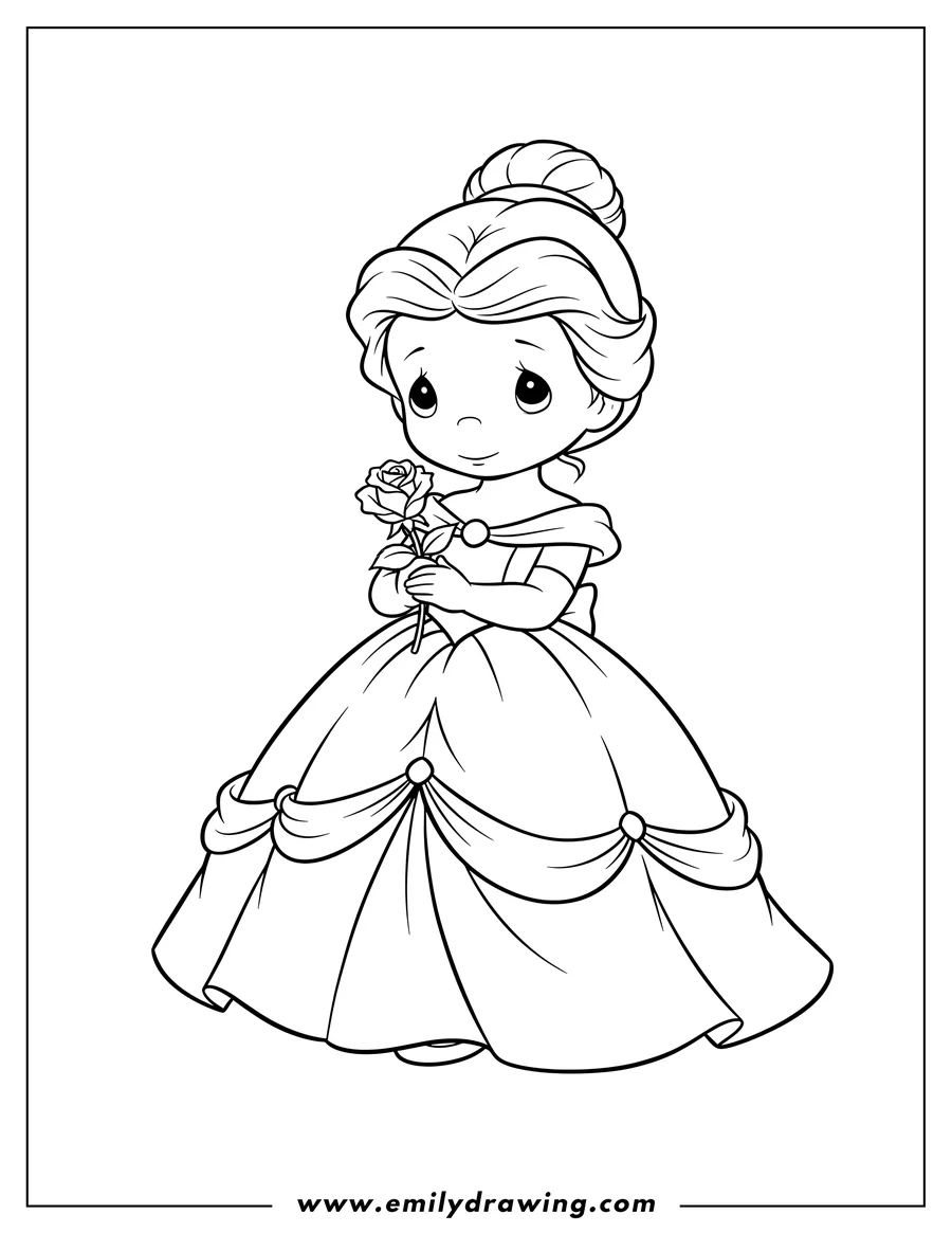 Vector style outline of precious Moments Belle Preschooler holding a rose, wearing a princess dress