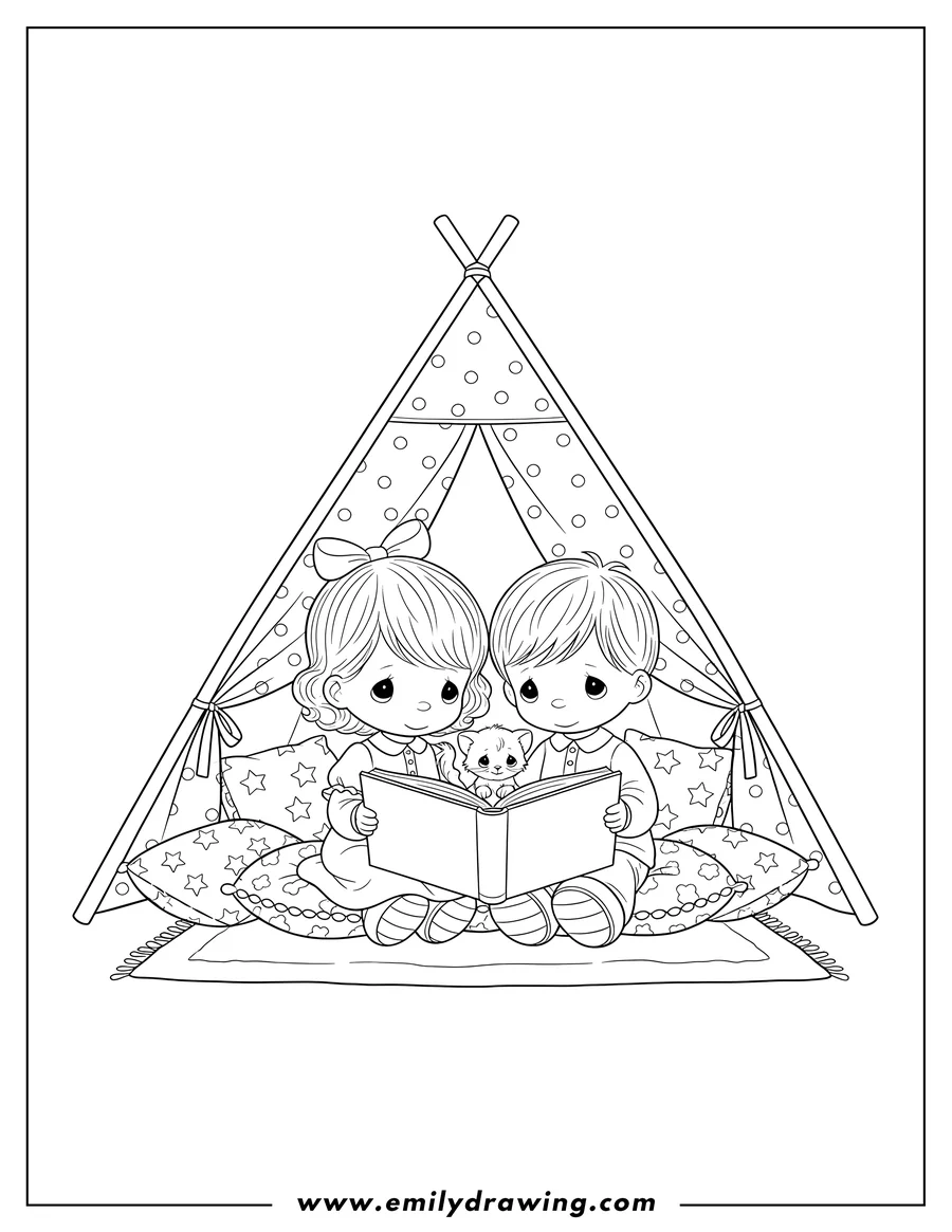 PDF style coloring page: precious Moments Girl And Boy Reading A Book On Pillows Inside A Tent With A Kitten