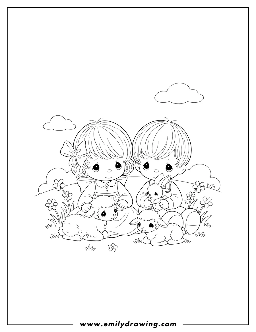 Black and white line art of precious Moments Girl And Boy sitting with lambs and a bunny