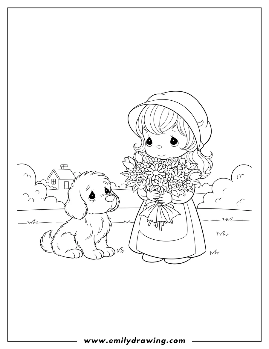 Printable coloring page of precious Moments Cute Girl Holding Flowers with her Pensive Dog