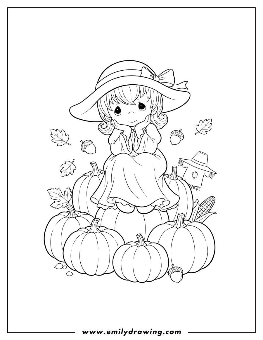 Clean line drawing: precious Moments Girl sitting on pumpkins, resting chin on hands, wearing a hat, Autumn