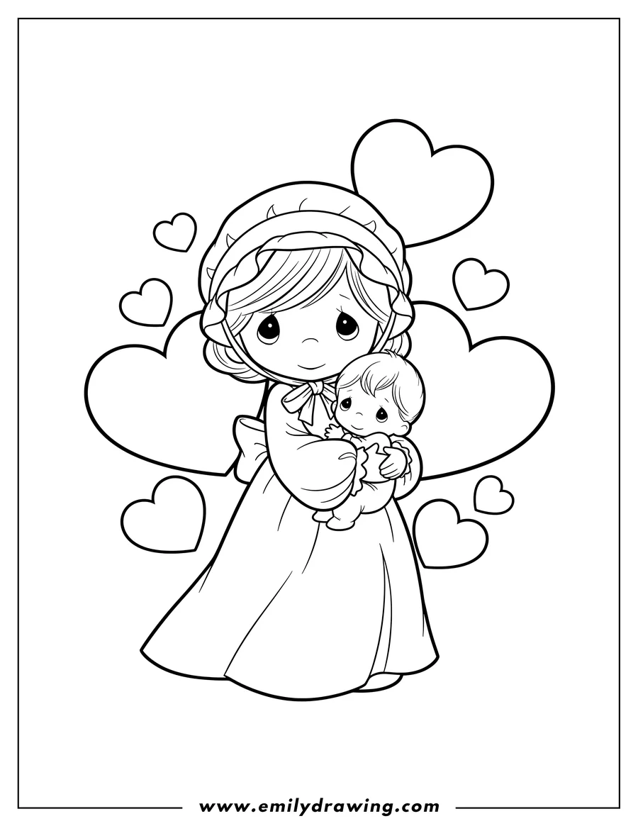 Downloadable coloring page of precious Moments Mother and baby hugging with hearts