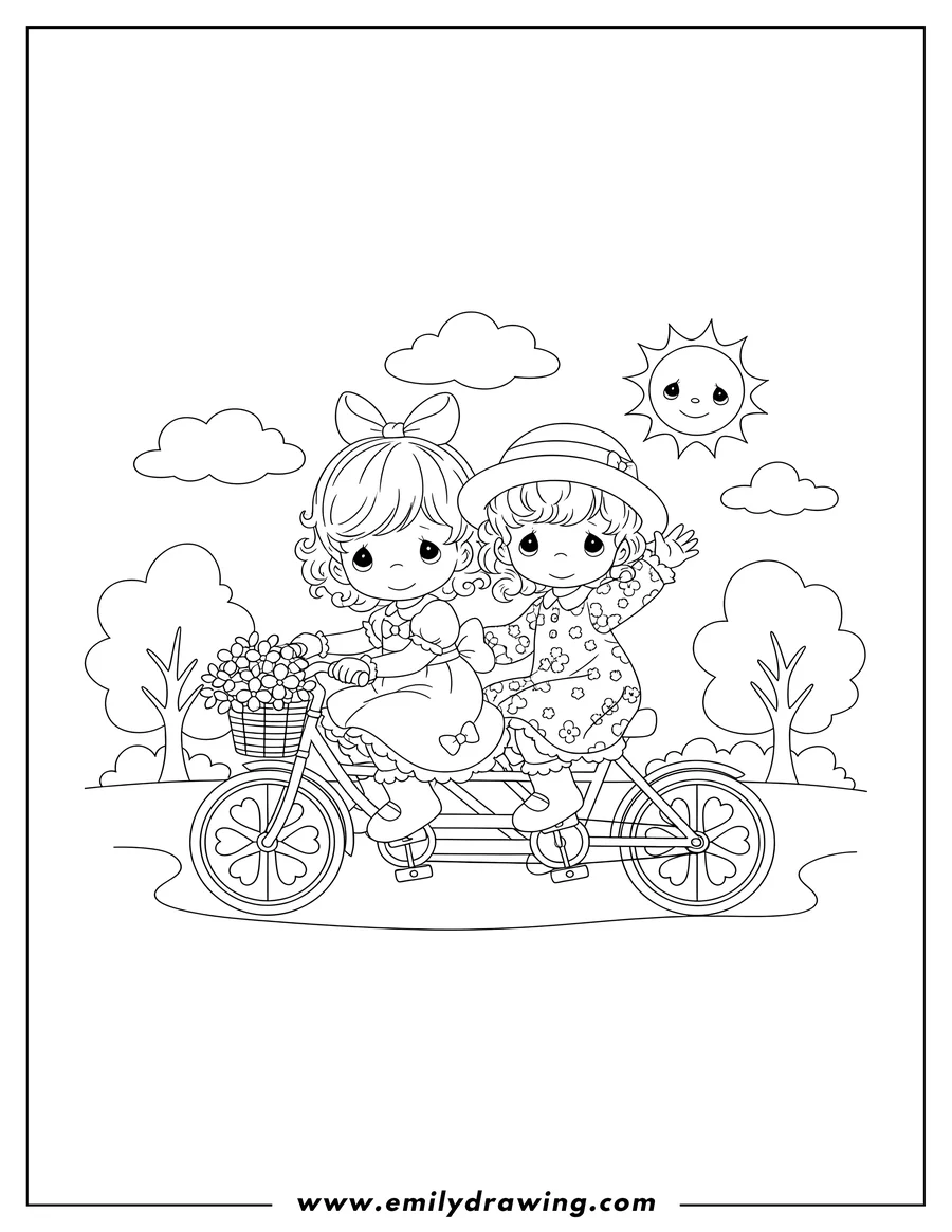 Simple sketch of precious Moments Two Girls Riding Bicycle, one girl hugging the other to color