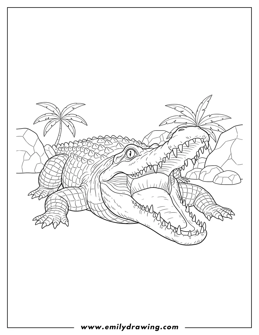 Outline drawing of prehistoric Crocodile Scaled, lying down with its mouth wide open