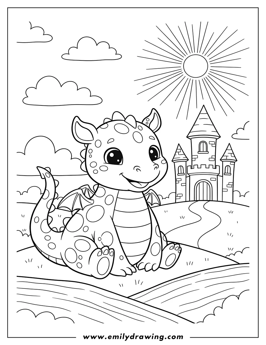 Doodle style coloring picture of preschooler-style cute sitting dragon with spots next to a castle