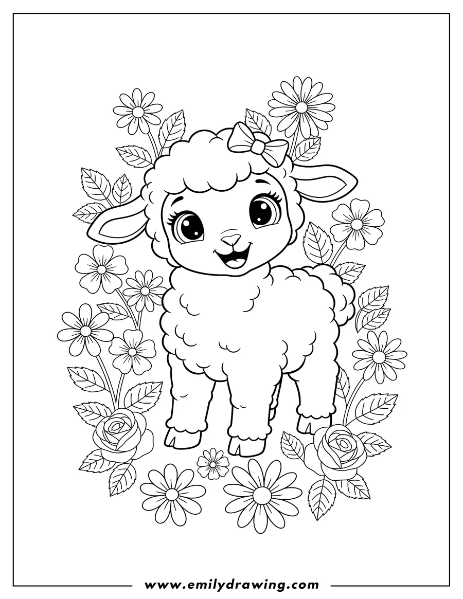 High quality printable pretty Cartoon Lamb with big, sparkly eyes and a happy smile, surrounded by blossoms for coloring