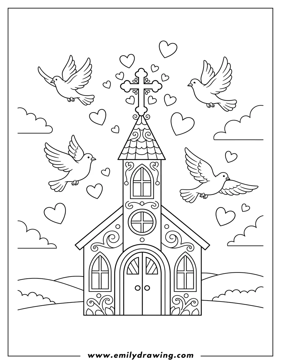 PDF style coloring page: pretty Church with a Cross, Love Hearts, and Doves flying around