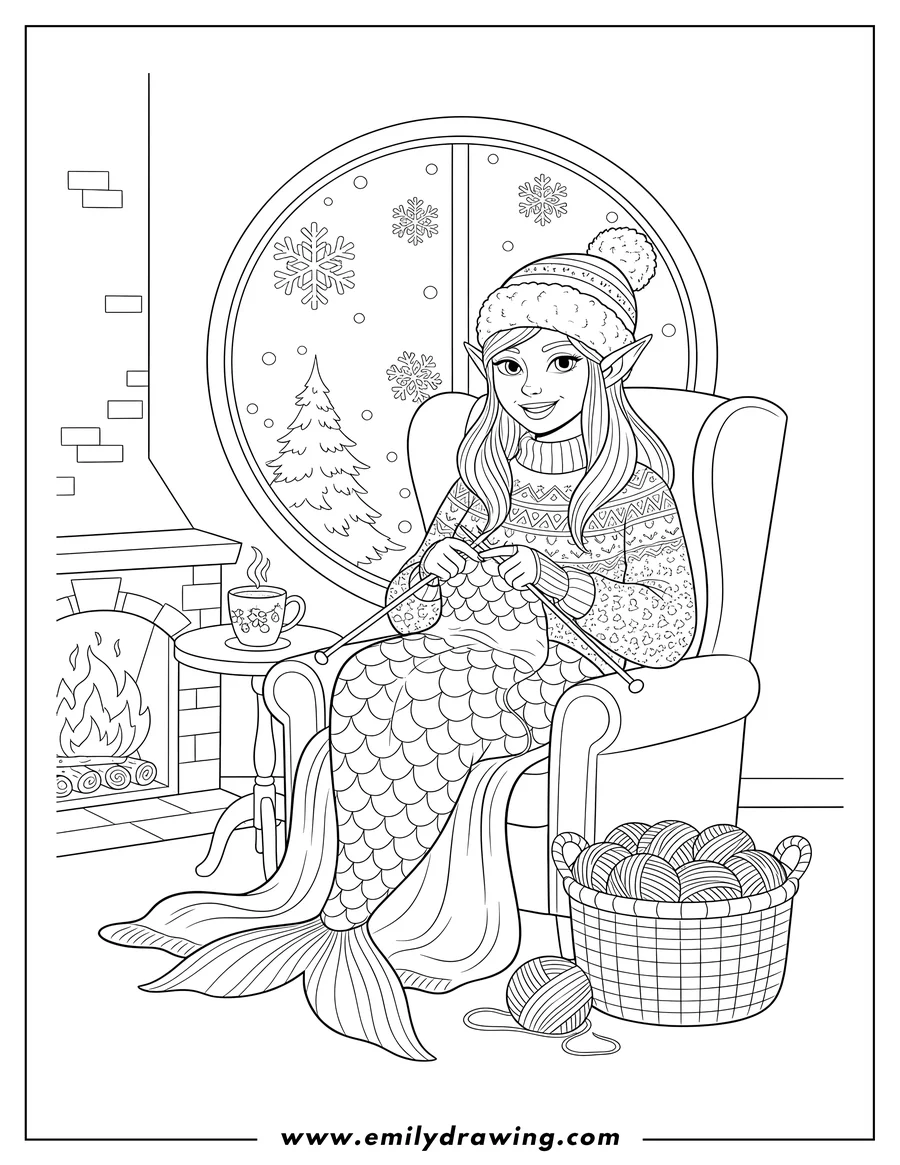 Coloring page for kids: pretty Elf Knitting a Mermaid Tail Blanket Indoors On Snowy Day, wearing a winter hat and smiling