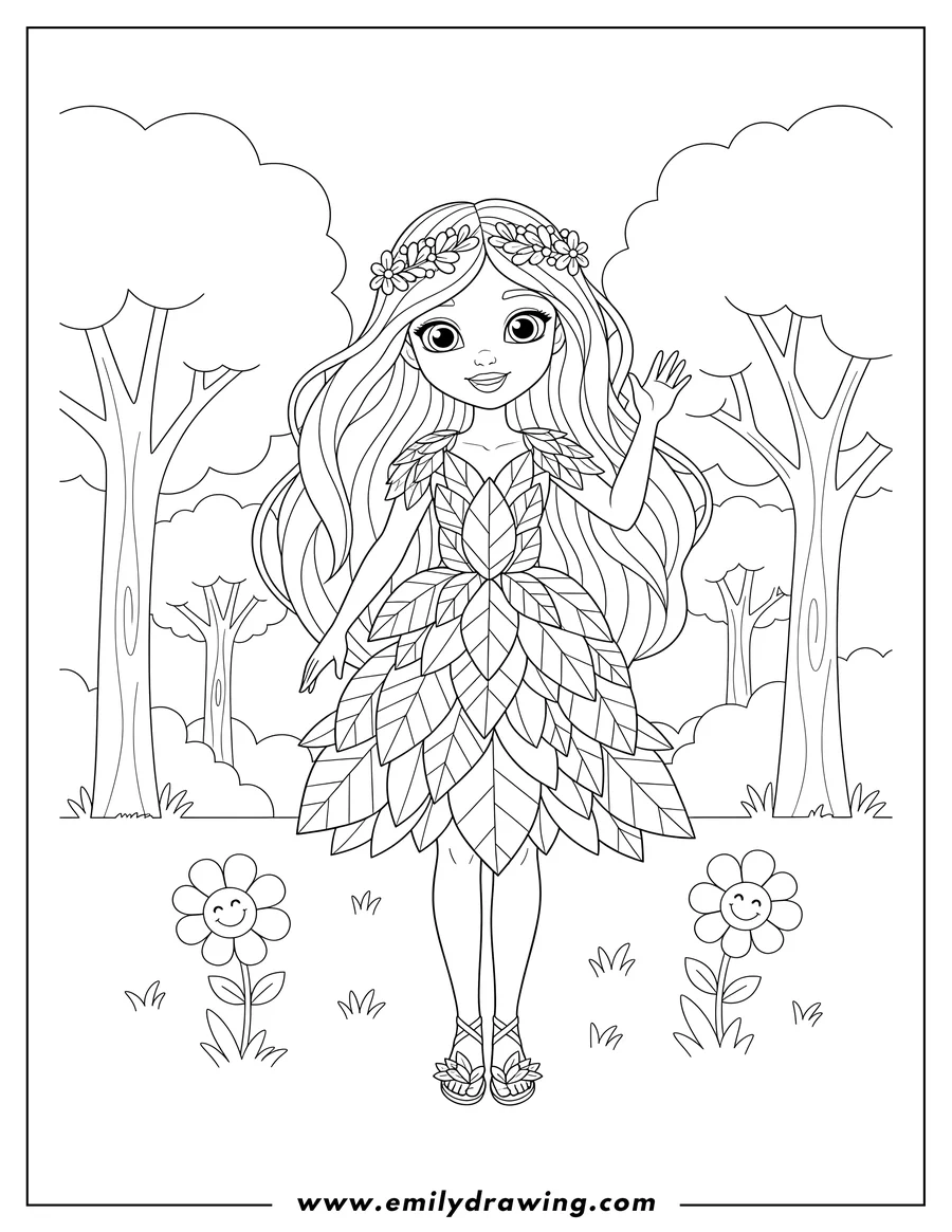 Free printable coloring sheet of pretty Elora Waving, smiling, and wearing leaf clothes
