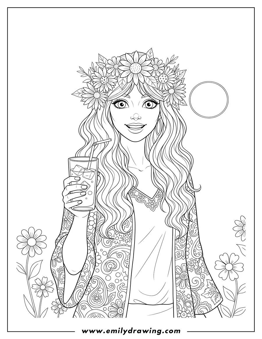 Vector style outline of pretty Hippie Woman with a flower crown and long wavy hair, wearing a patterned jacket and holding a beverage