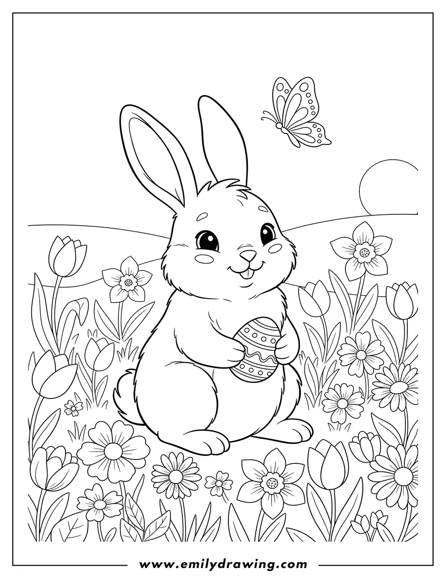 Vector style outline of pretty Little Easter Bunny Flower Field, sitting bunny, and a butterfly