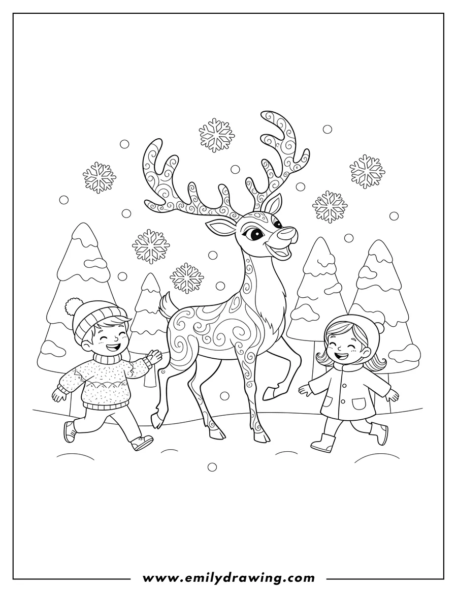 Coloring sheet featuring pretty Little Reindeer with Antlers, Smiling and Prancing, Snowy Forest, Preschoolers