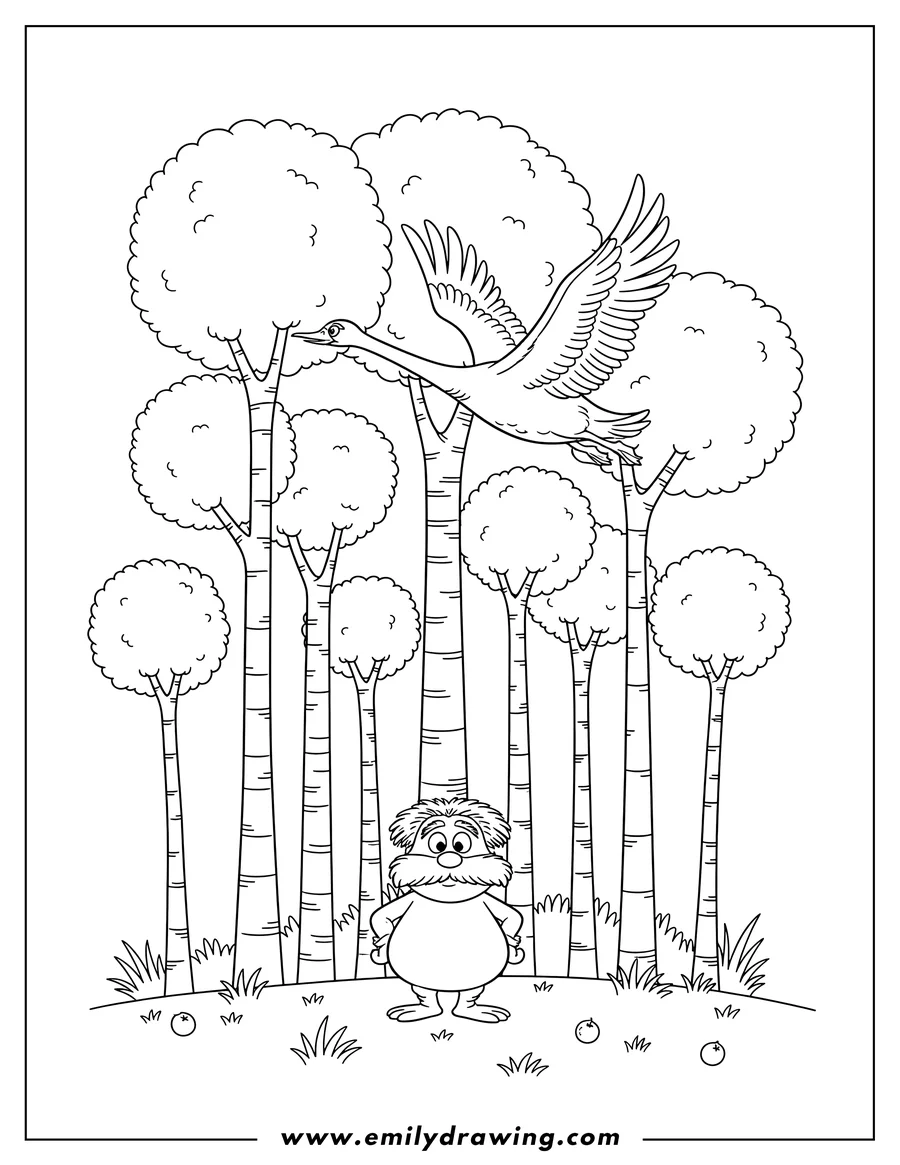 Coloring page for kids: pretty Lorax Truffula Forest with tall, fluffy Truffula trees and a flying Swomee-Swan