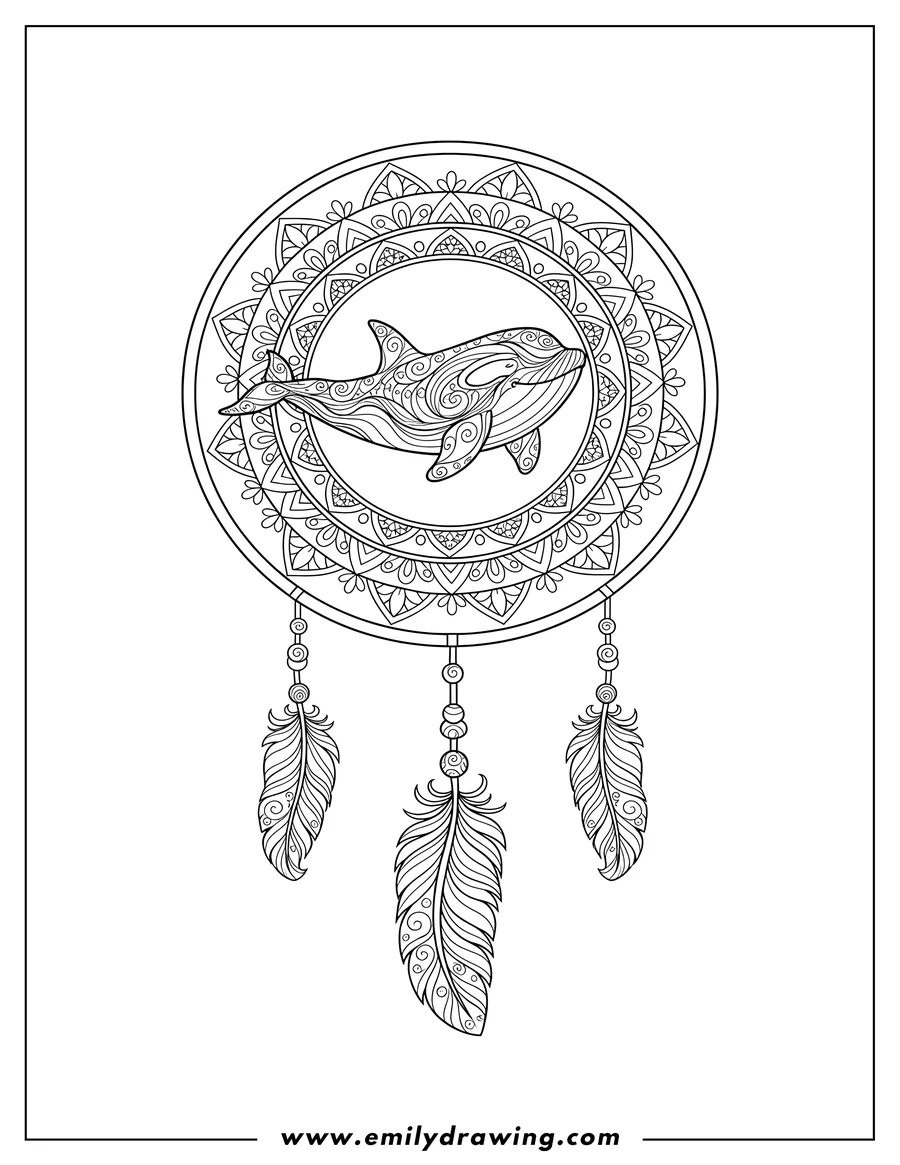 Linear illustration of pretty Orca Dreamcatcher Mandala with an orca in the center and feathers hanging below