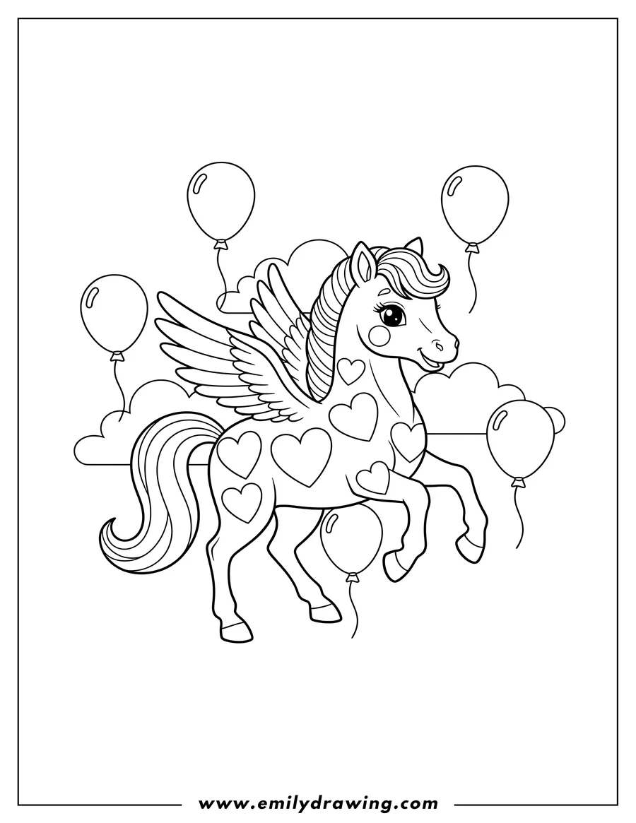PDF style coloring page: pretty Pegasus With Heart Markings And Floating Balloons Preschoolers, smiling sweetly and prancing playfully