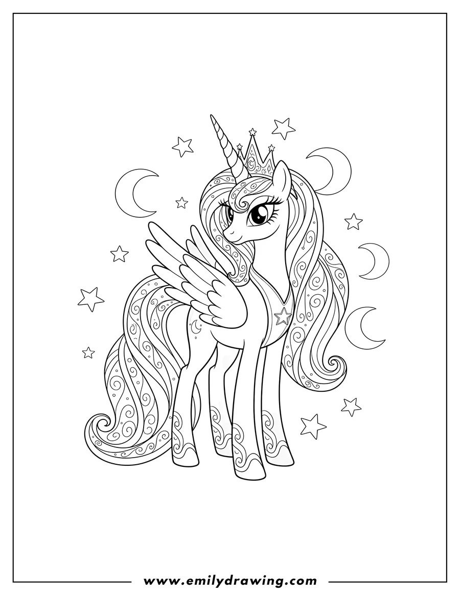 Coloring sheet featuring pretty Princess Luna with a crown and unicorn horn, standing, with ornate mane and tail, and stars behind her