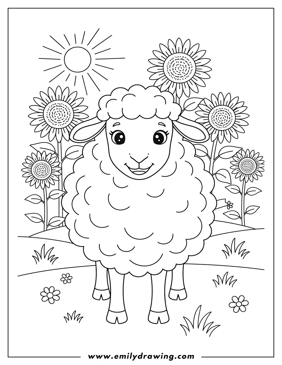 Simple sketch of pretty Sheep Standing Sunny Sunflower Field, looking at the viewer with a friendly smile to color