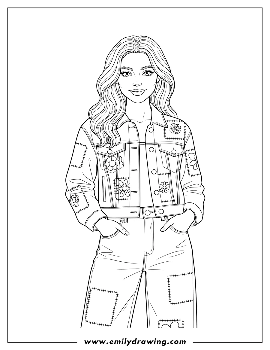 Downloadable coloring page of pretty Woman with Wavy Hair Wearing Trendy Denim Jacket With Bold Patchwork Fashion and Hands in Pockets