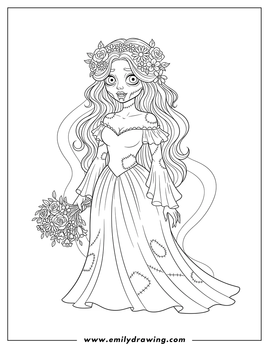 Simple sketch of pretty Zombie Bride with long wavy hair and flowers in her hair, mouth dripping, wearing an off-shoulder dress to color