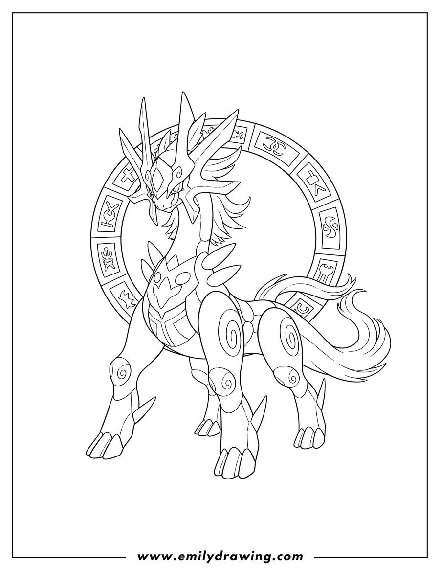Black and white line art of primal Arceus, standing with its signature ring