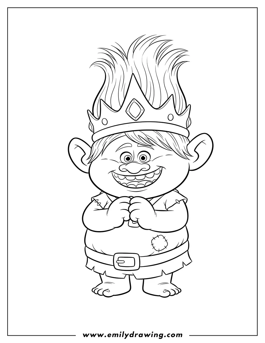 PDF style coloring page: prince Gristle Troll wearing a crown with clasped hands