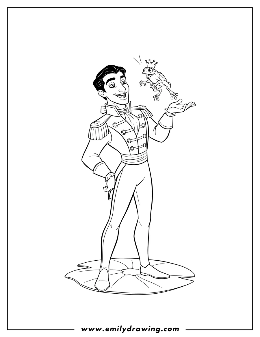 Printable coloring page of prince Naveen smiling, with a frog jumping