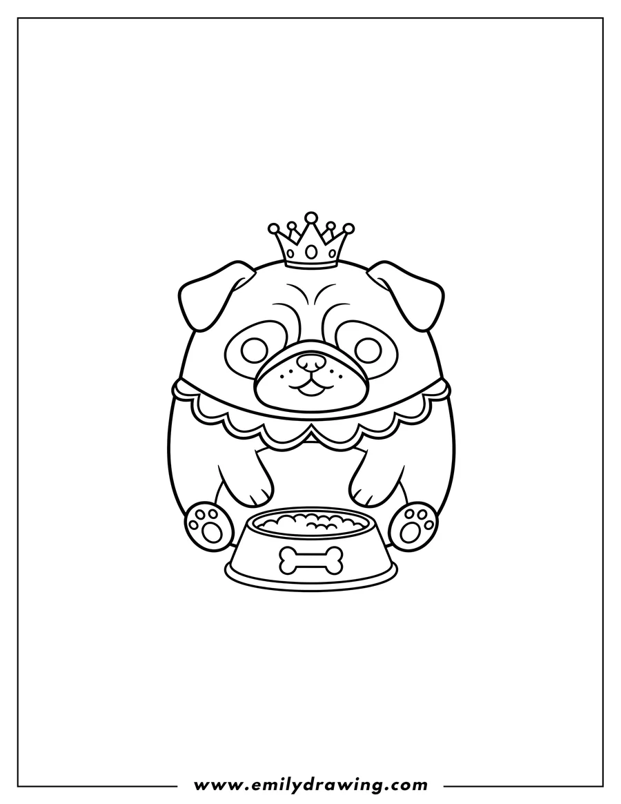 Black and white line art of prince Pug Squishmallow with a food bowl