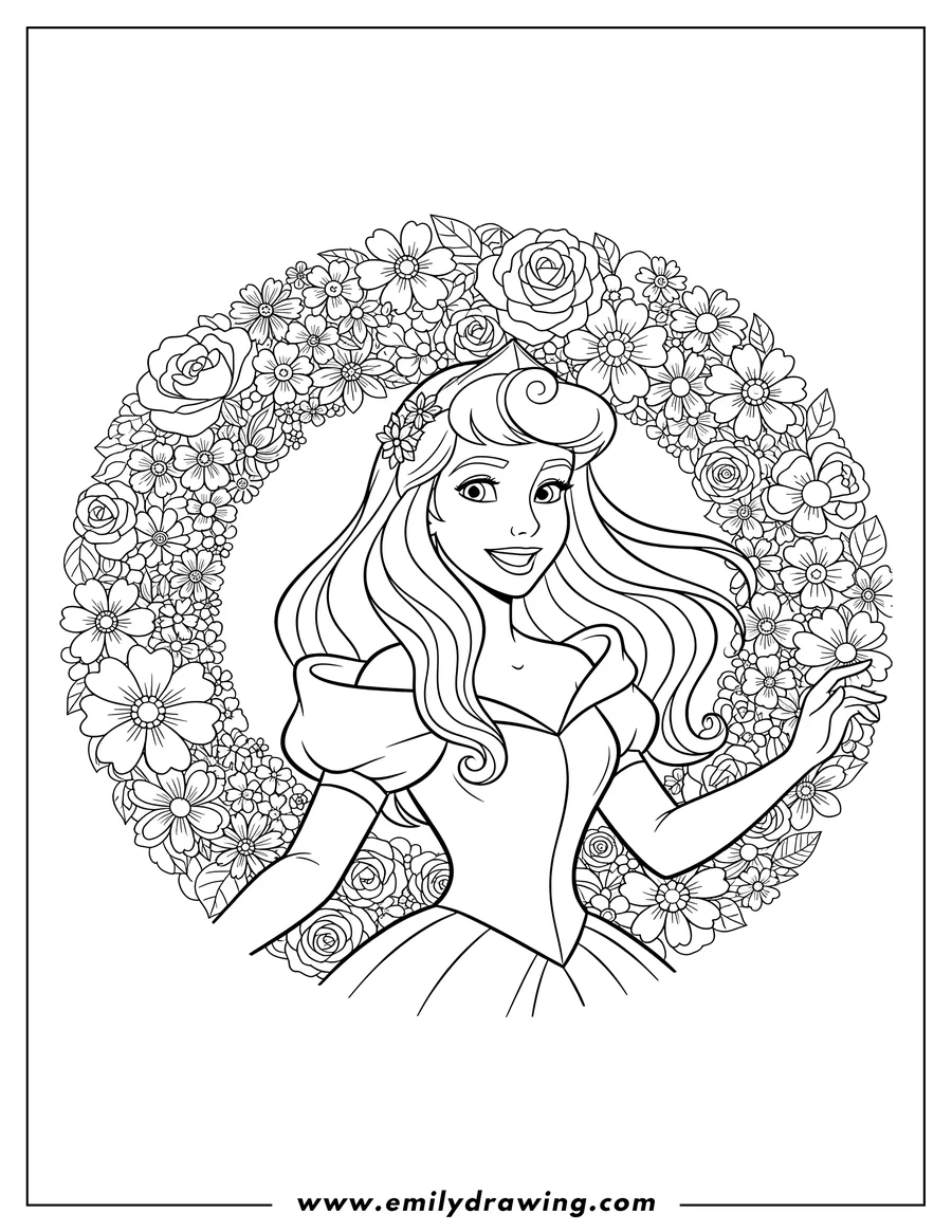 Black and white line art of princess Aurora, chest up with long flowing hair, surrounded by a detailed flower mandala