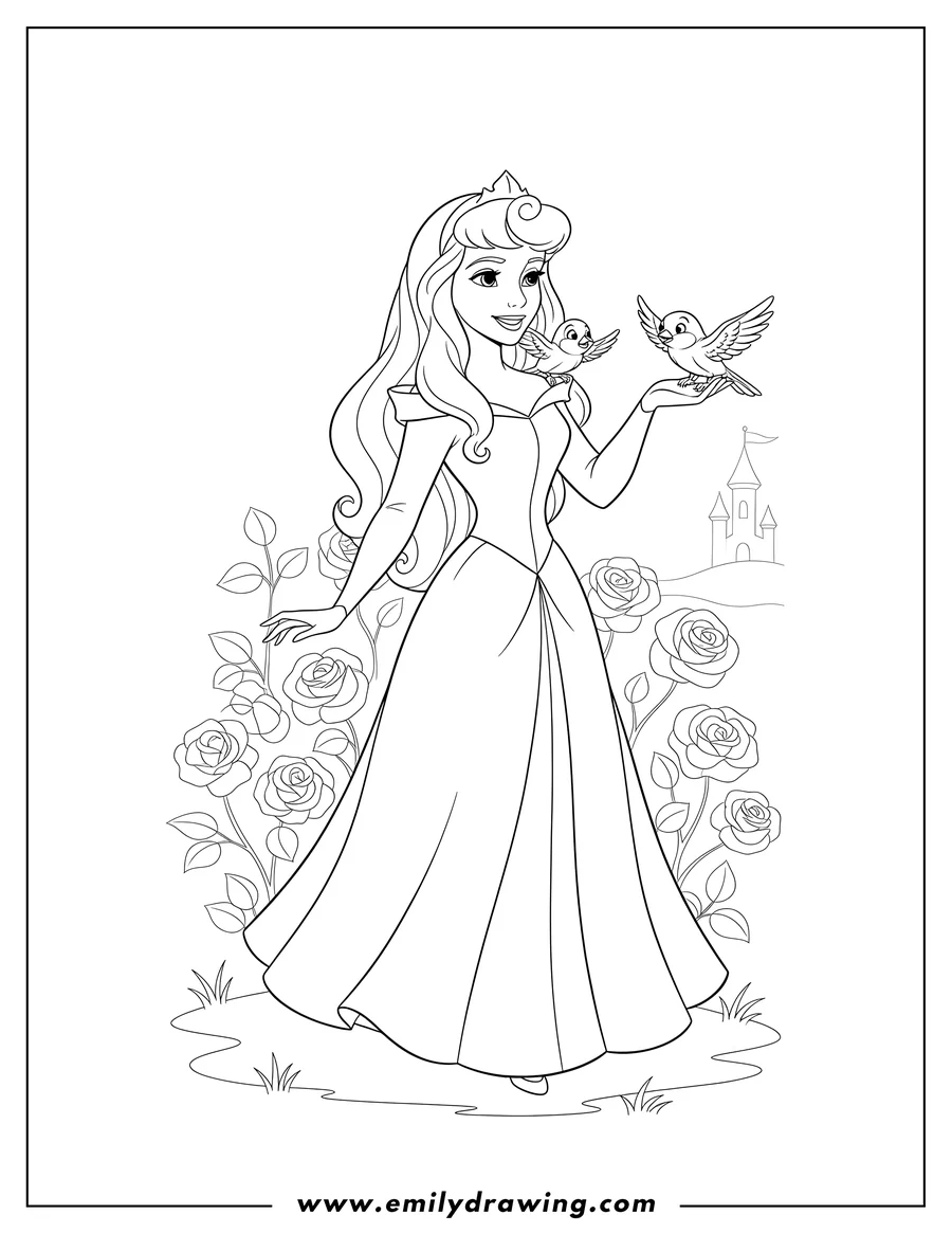 Doodle style coloring picture of sleeping Beauty Movies, Princess Aurora standing with two birds