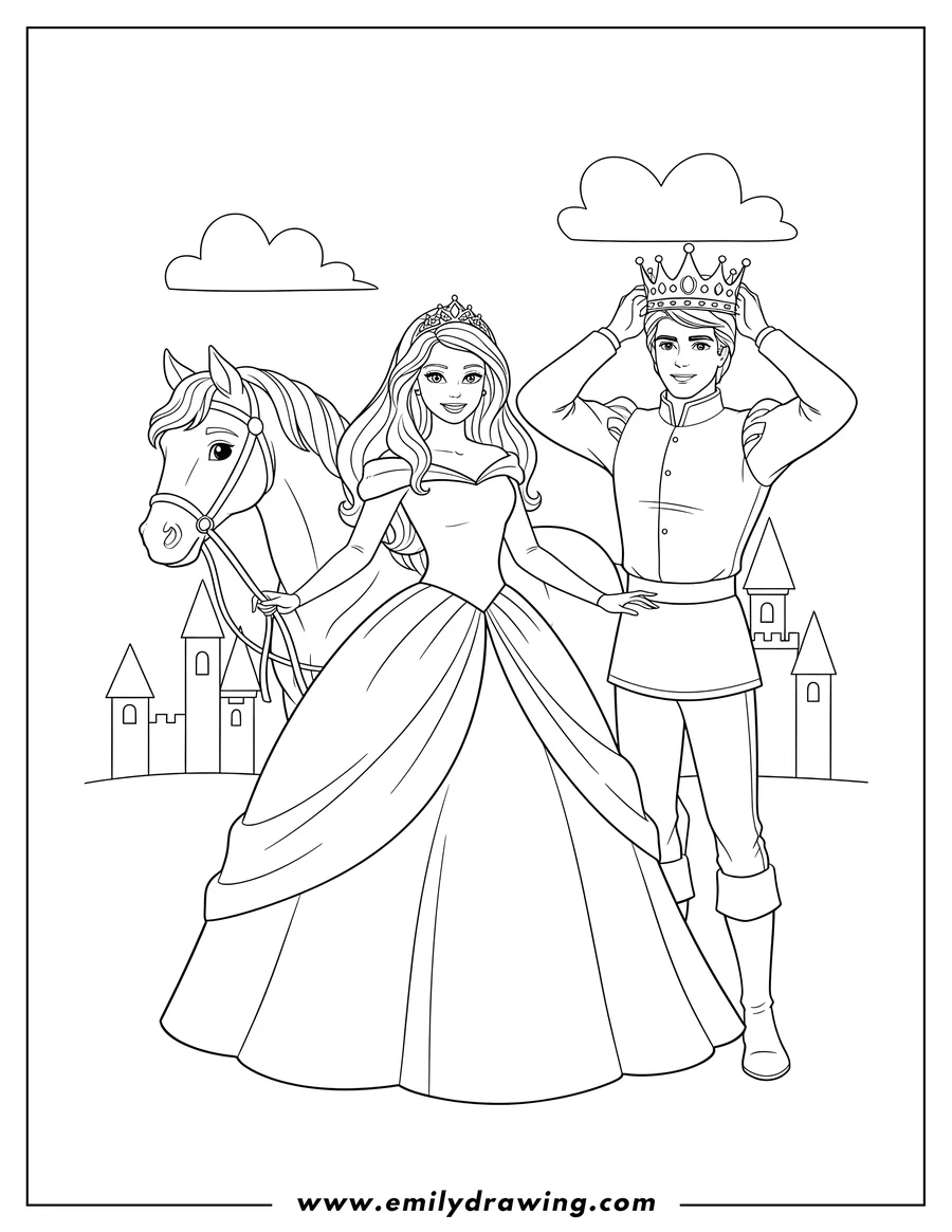 Free to print drawing of princess Barbie holding horse reins with Prince adjusting his crown