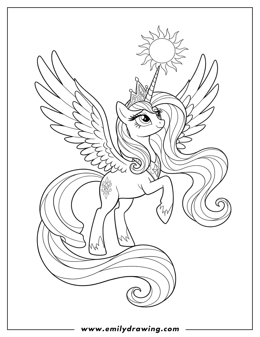 Black and white line art of princess Celestia with wings and flowing mane, looking up at the sun