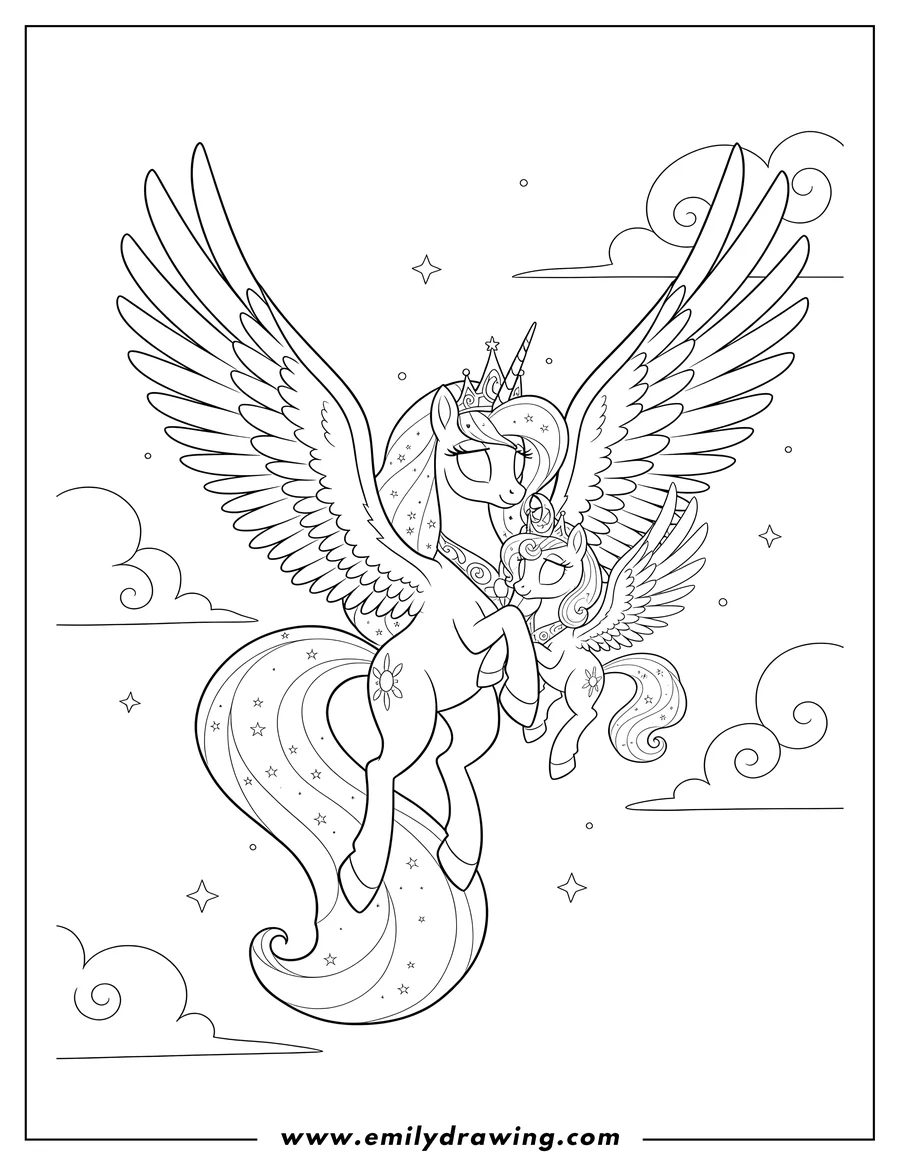 Coloring sheet featuring princess Celestia With Baby Princess Luna flying, both wearing crowns