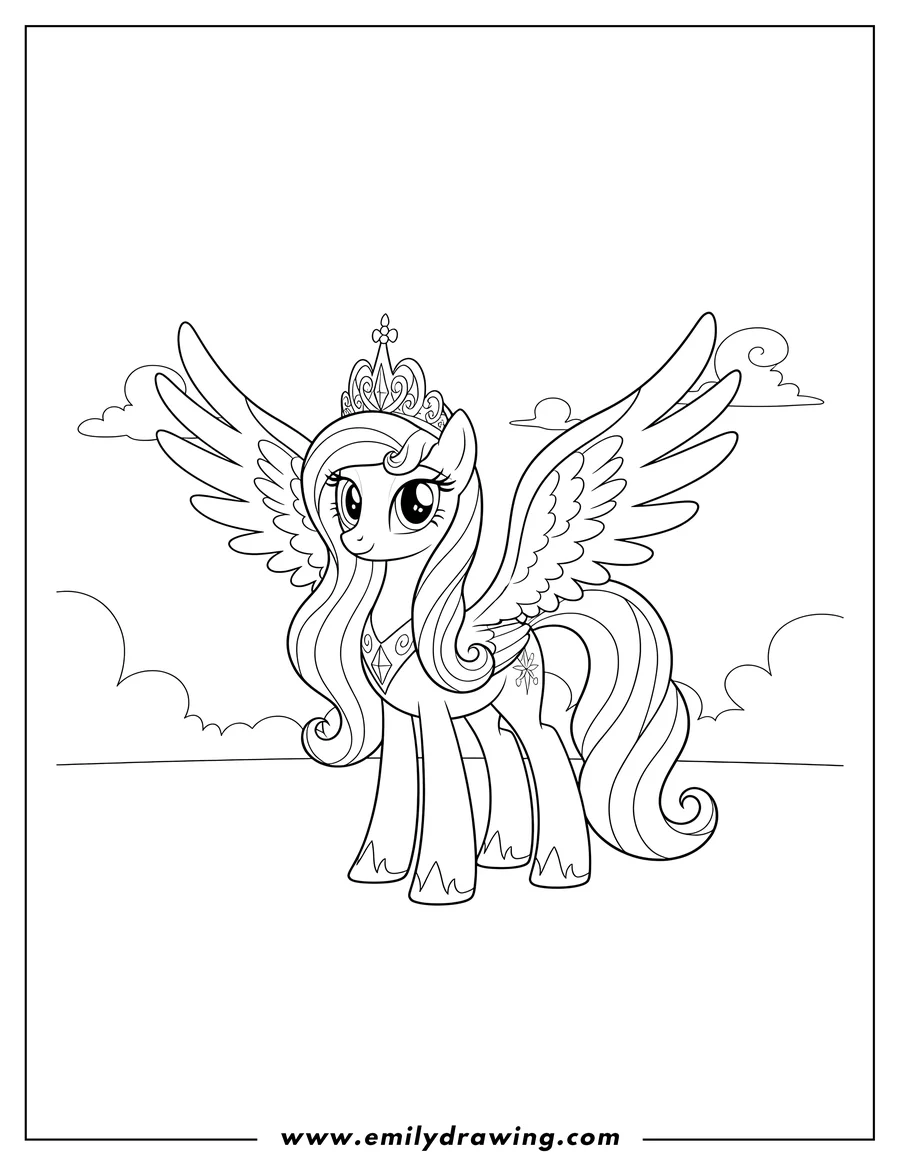 Free printable coloring sheet of princess Celestia with Crown, Necklace, and Wings, standing