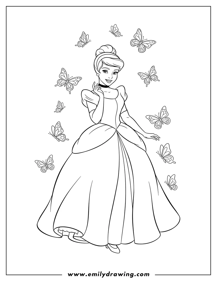 Free to print drawing of princess Cinderella in a ball gown, posing gracefully with hand to chin, with butterfly background