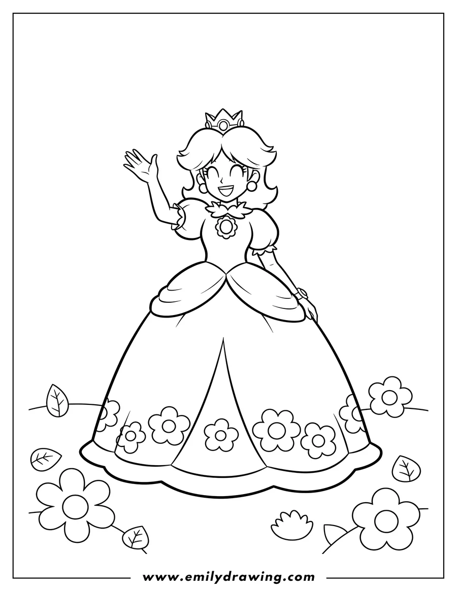 Black and white line art of easy Princess Daisy Gown, waving and smiling