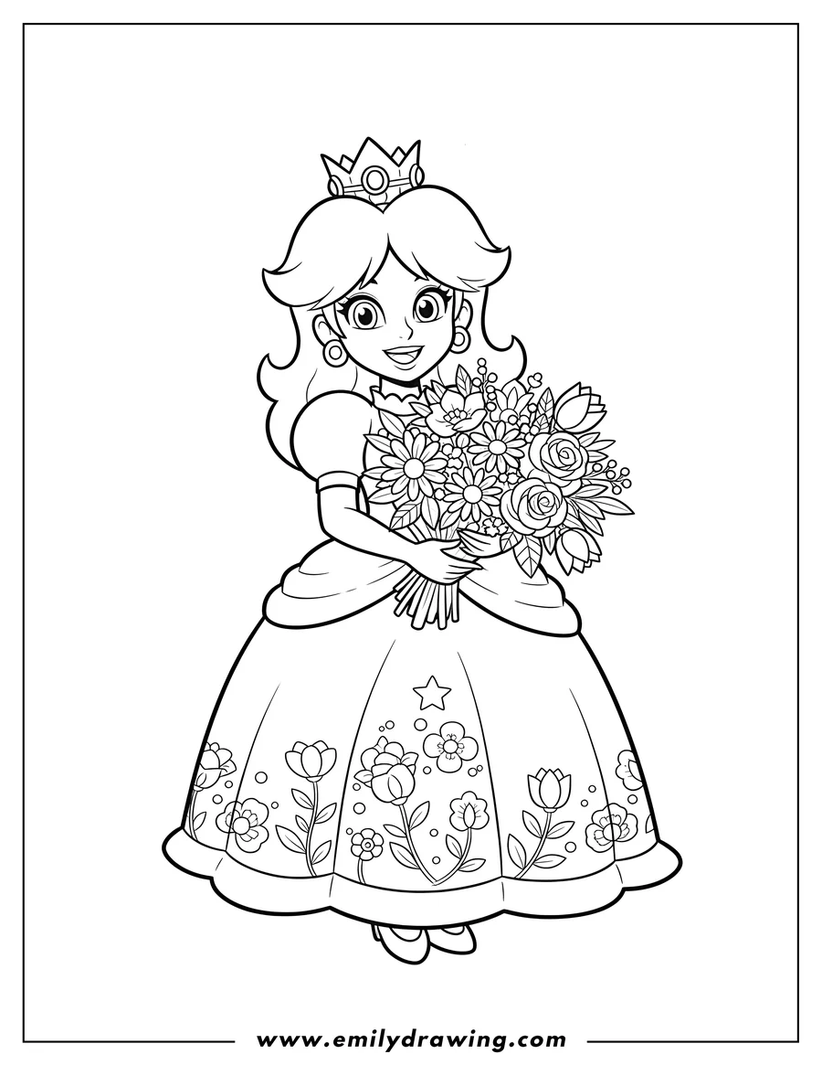 Free to print drawing of cartoon Princess Daisy smiling and wearing a crown, holding a bouquet of mixed flowers