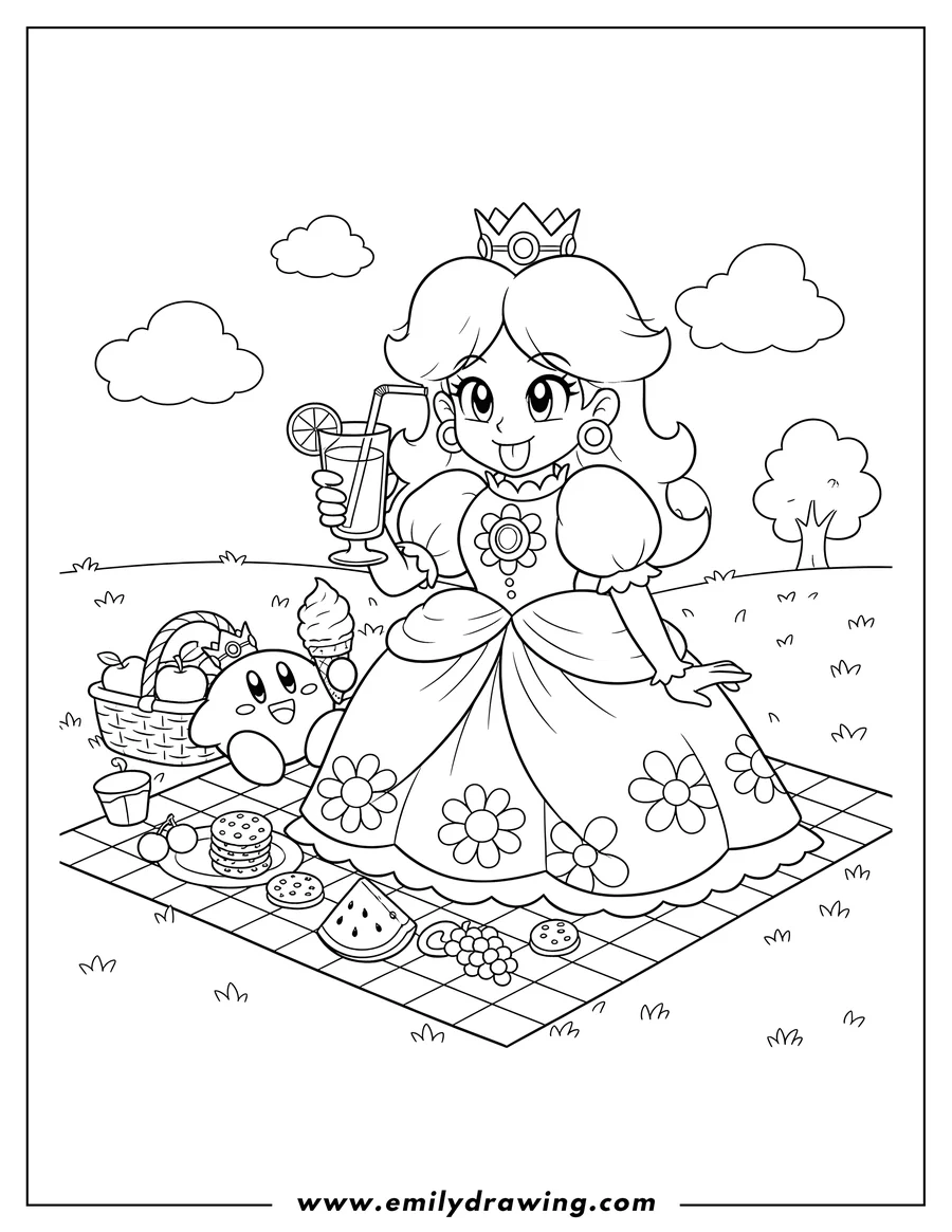 High quality printable cute Princess Daisy holding a drink and playfully sticking out her tongue, and Kirby wearing a crown and holding an ice cream, having a picnic with snacks for coloring
