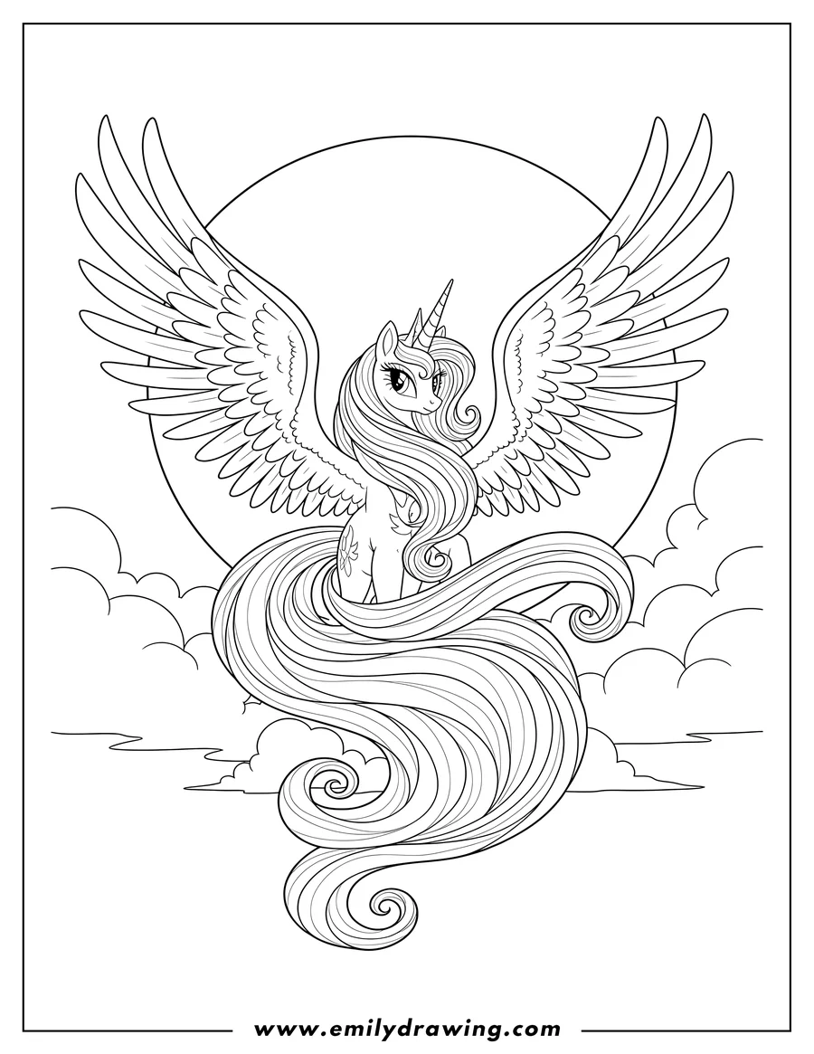 Printable line art of princess Luna flying with wings spread, long flowing mane and tail, in front of a full moon, over clouds