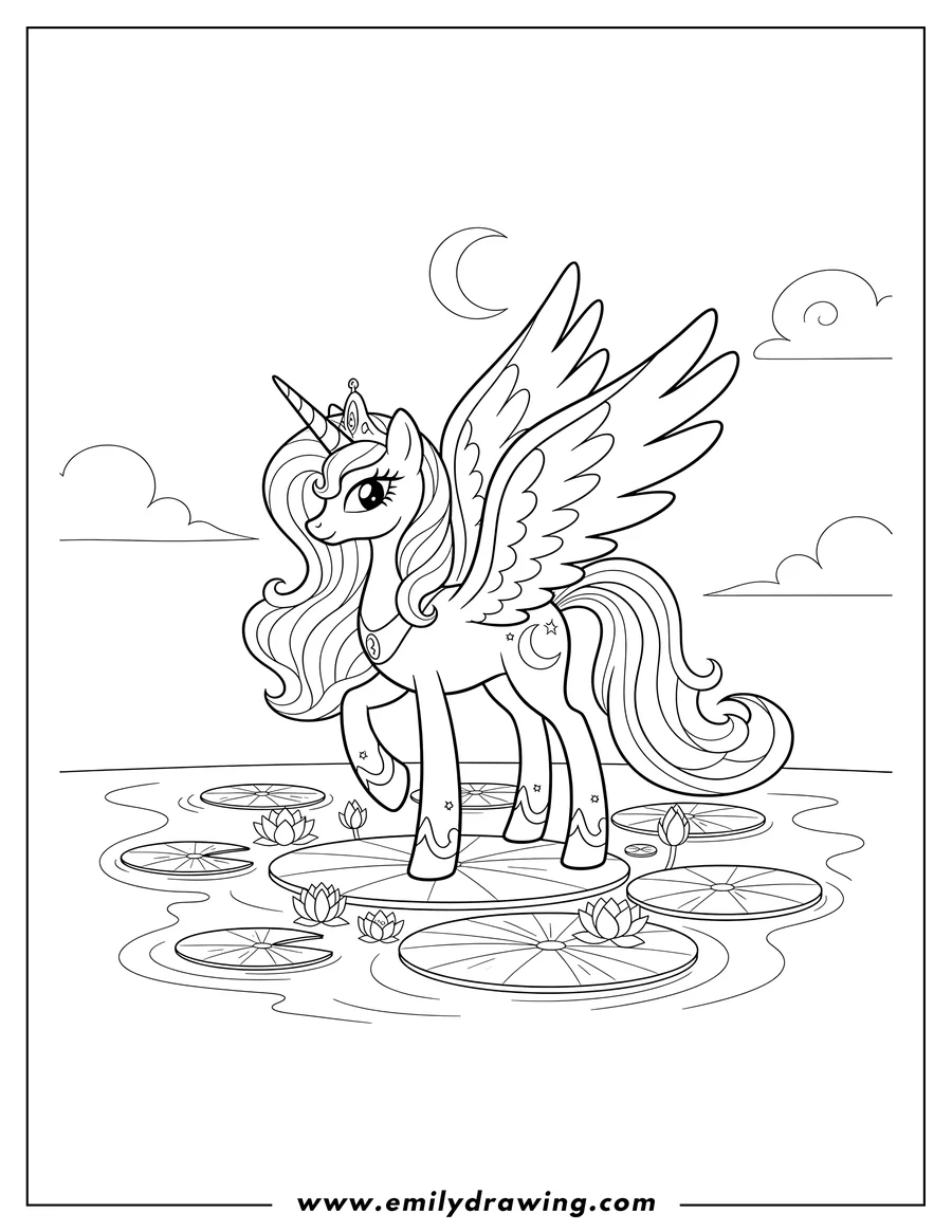 High quality printable princess Luna, a winged unicorn, standing on lily pads for coloring