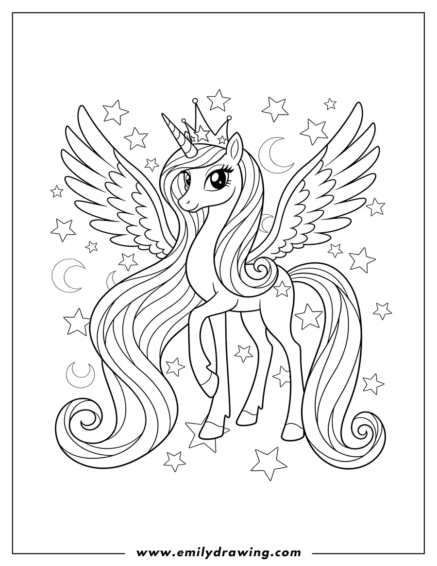 Coloring page of princess Luna, a winged unicorn with long, flowing mane and tail, wearing a crown, with a starry background