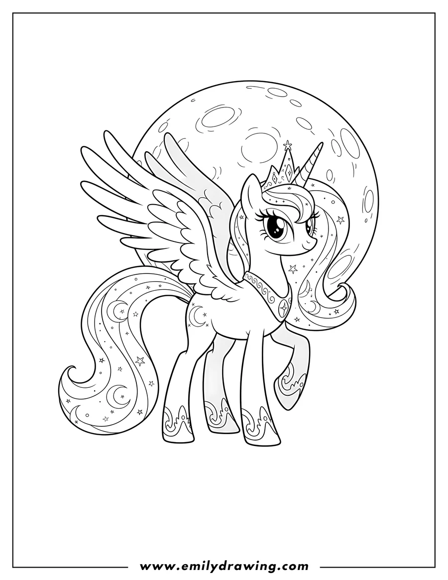 Downloadable coloring page of princess Luna with flowing mane and tail, wings, and a full moon
