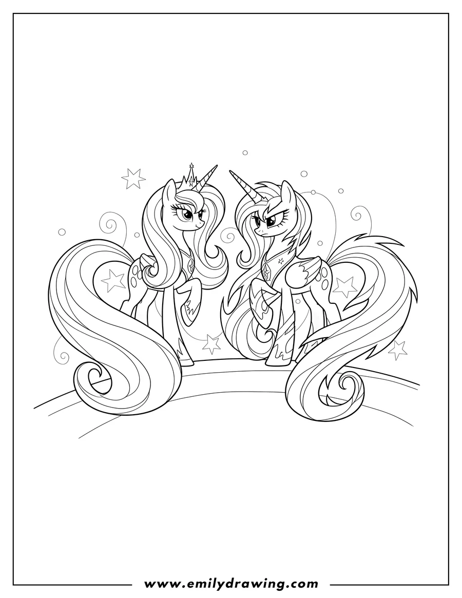 Black and white line art of princess Luna With Nightmare Moon Alter Ego, facing each other, with Luna's long flowing mane