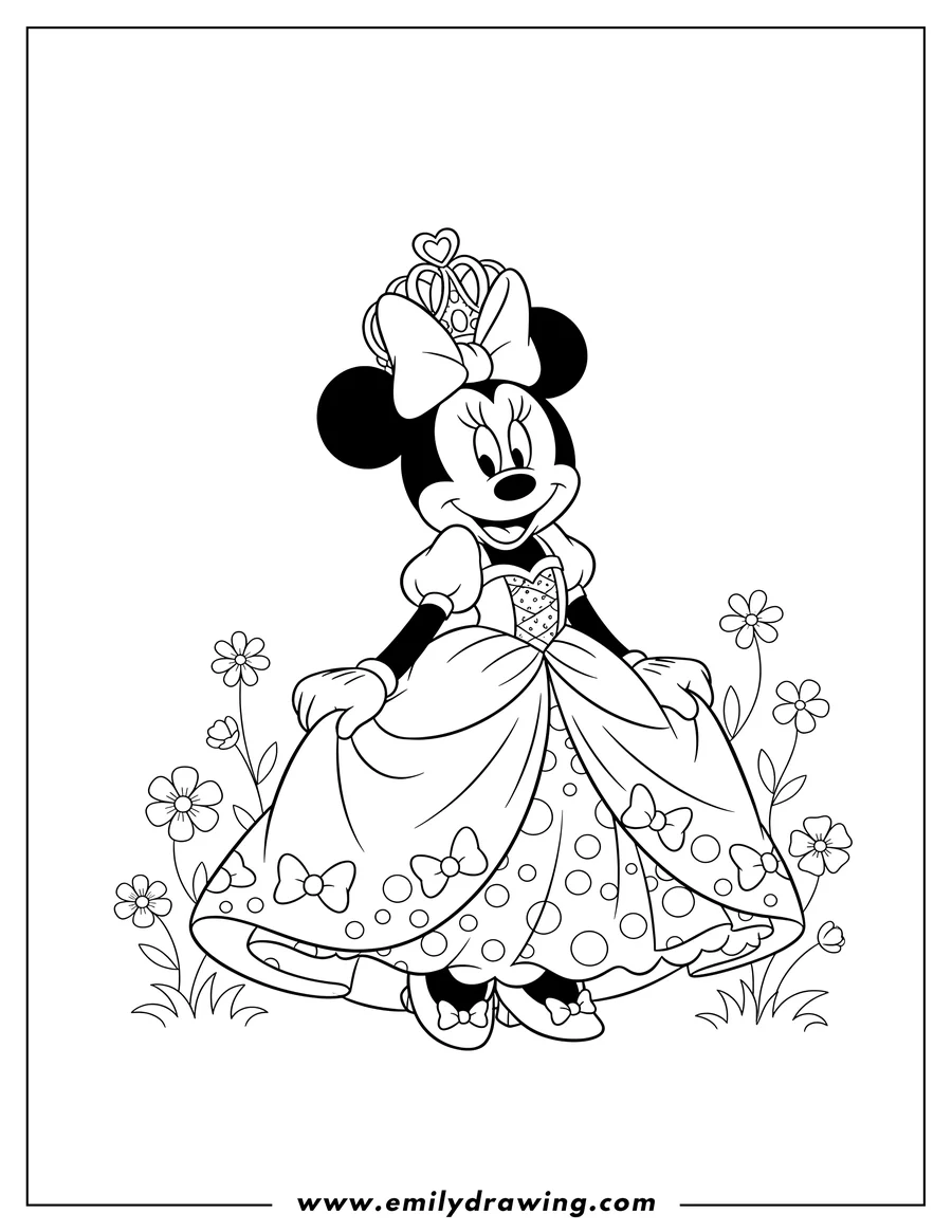 Coloring page for kids: princess Minnie Mouse wearing a crown and holding her gown