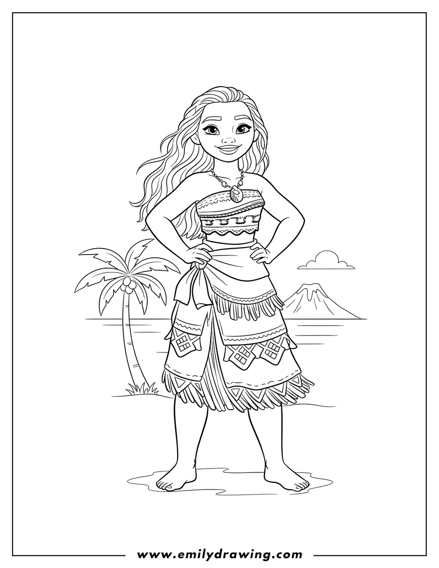 Free to print drawing of princess Moana standing with hands on her hips and smiling