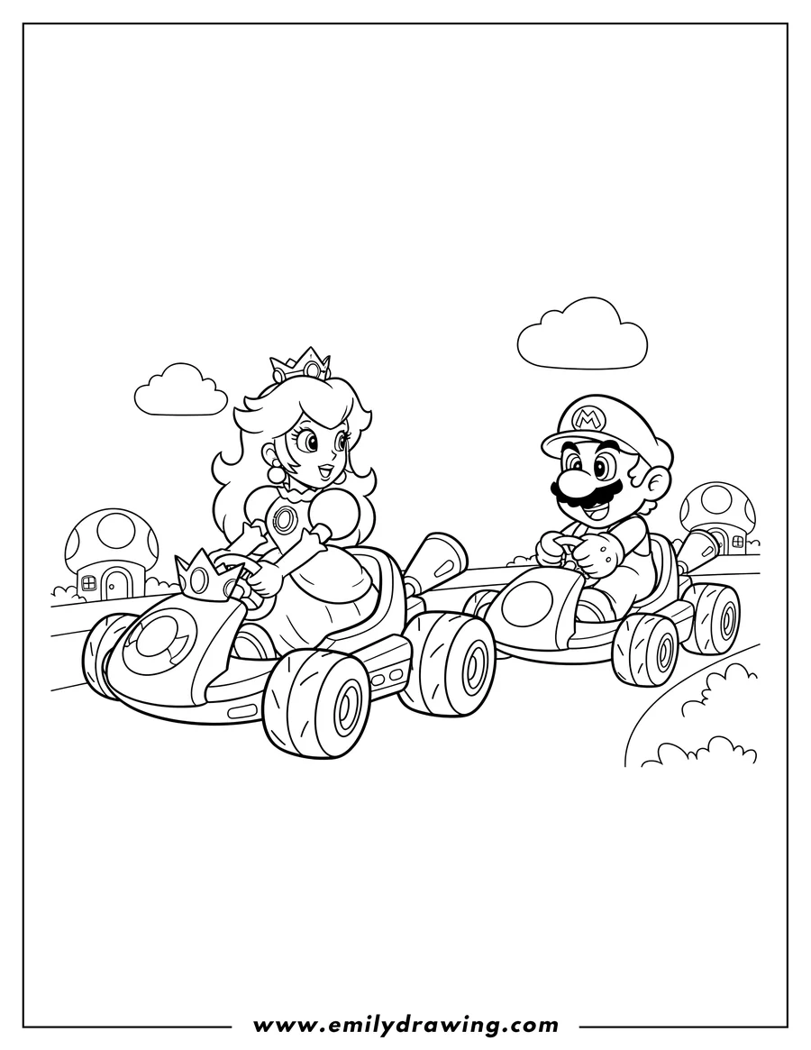 Linear illustration of princess Peach and Mario racing in go-karts, looking at each other, to color