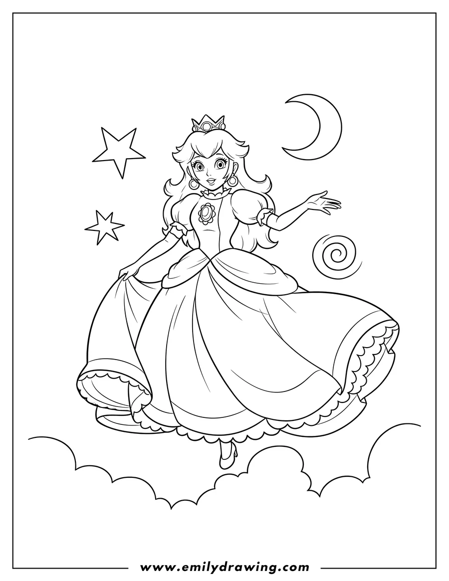 Simple sketch of laughcreate 1 Scaled, Princess Peach floating with an outstretched arm and flowing gown to color